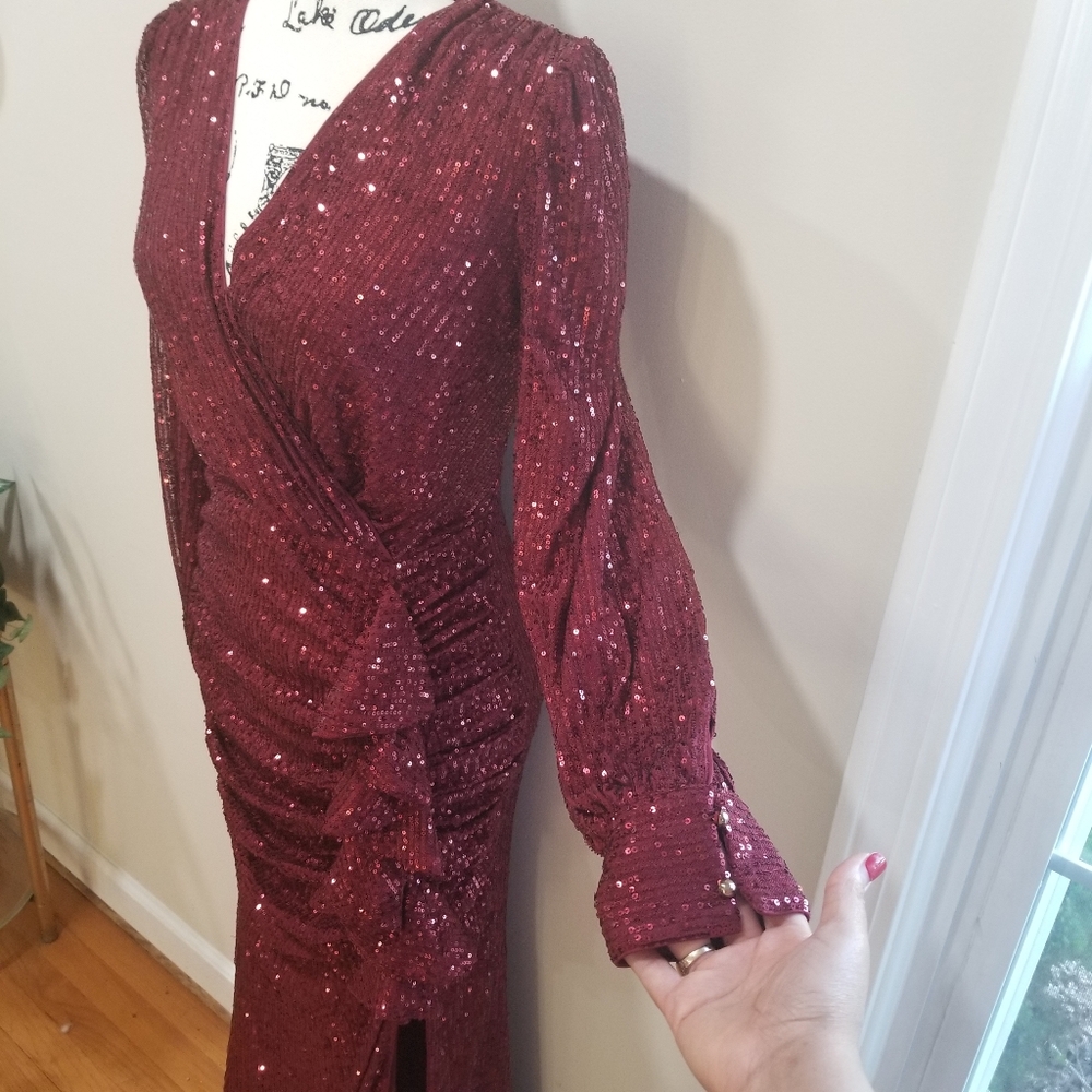 FAERIESTY Sequin Maxi Dress Burgundy Size S. Elegant Burgundy Sequin Gown - Picture 7 of 16